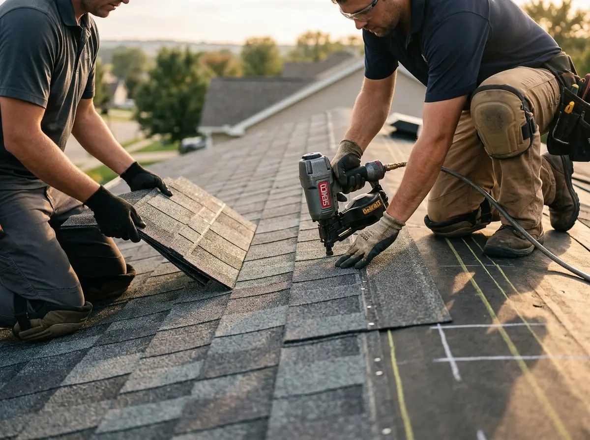 Professional roofer working on a residential roof in Adams